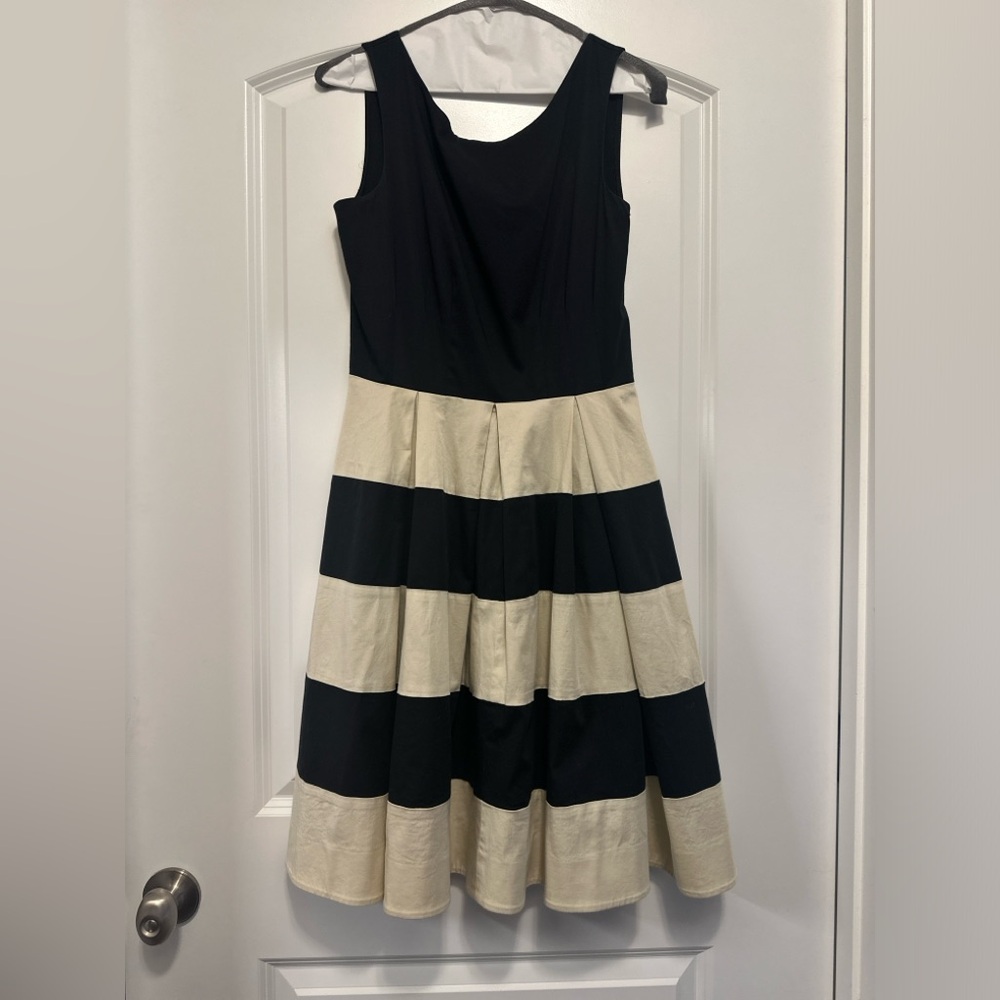 Kate Spade Celina Ivory Black Striped Pleated Fit Flare Pleated Mini Dress Sz 4